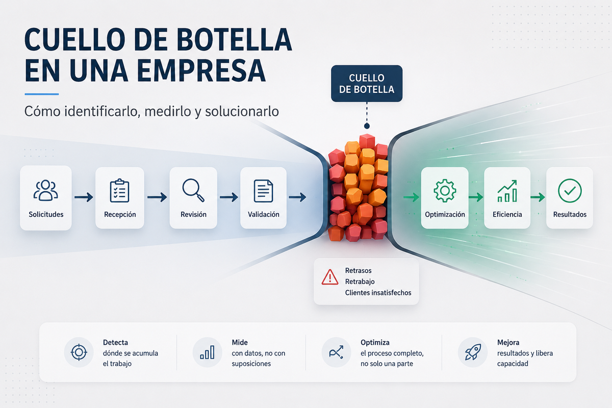Cuello de botella en un proceso empresarial representado con un flujo de trabajo que se acumula en una etapa y luego se optimiza.